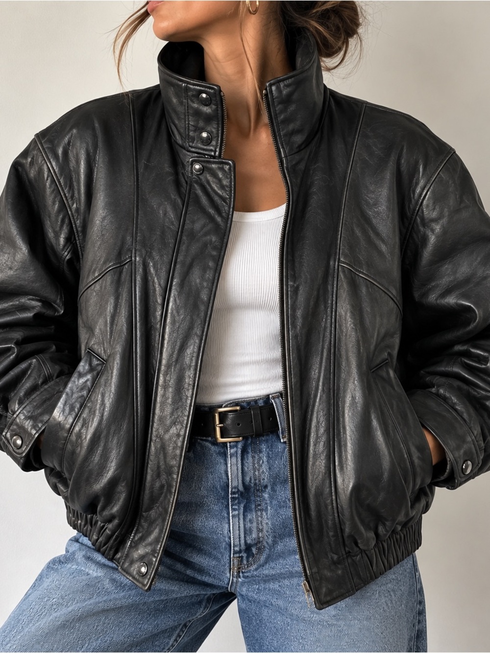 Vintage 90s Black Leather Funnel Neck Bomber Jacket Men’s XL